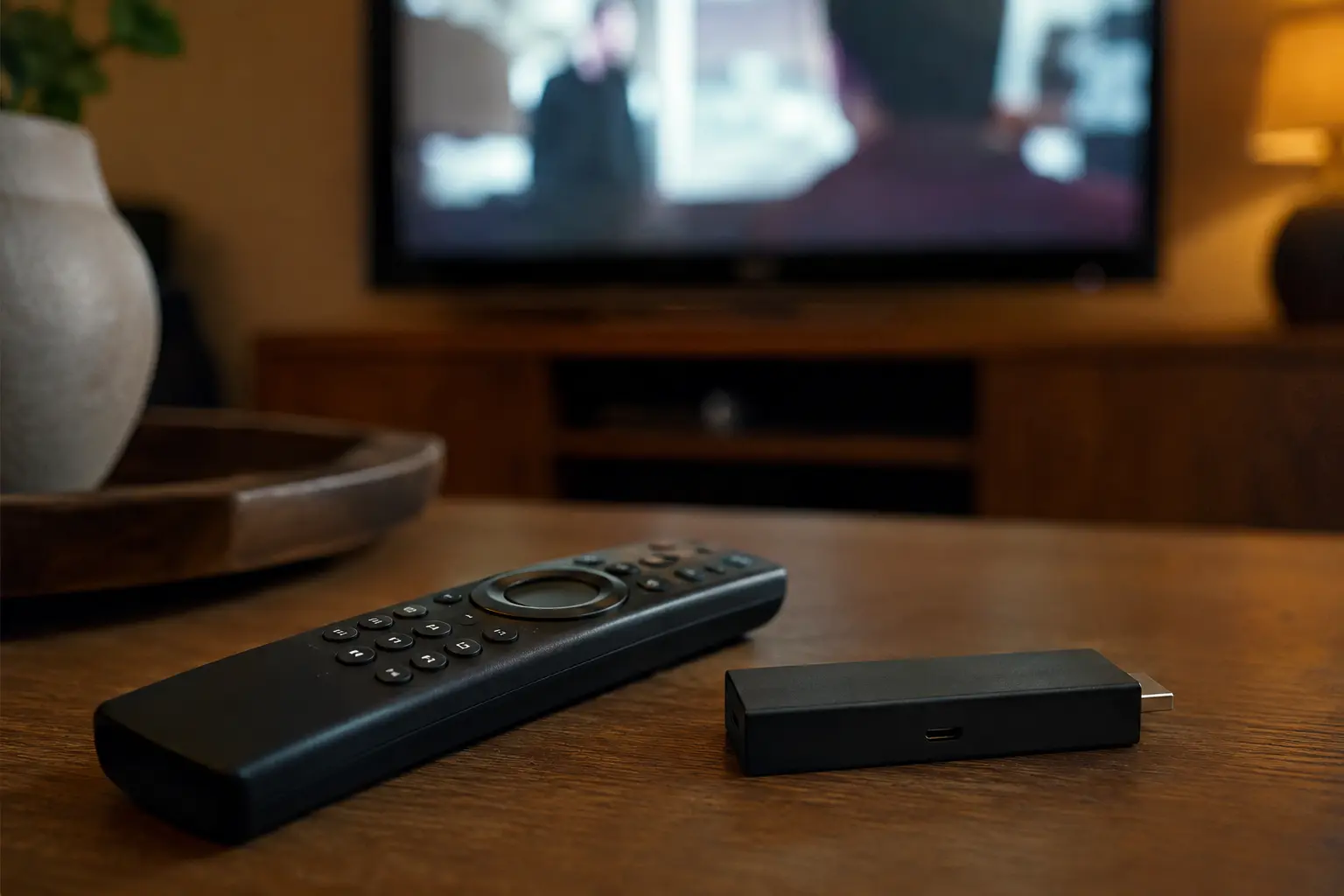 Comando e dispositivo de streaming junto à televisão
