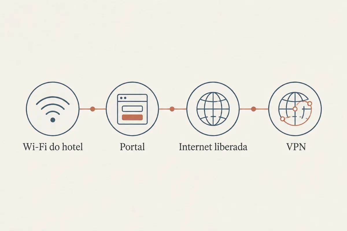 Imagem editorial relacionada a VPN no Wi-Fi de hotel com portal de login: primeiro abra a porta do hotel, depois ligue a VPN