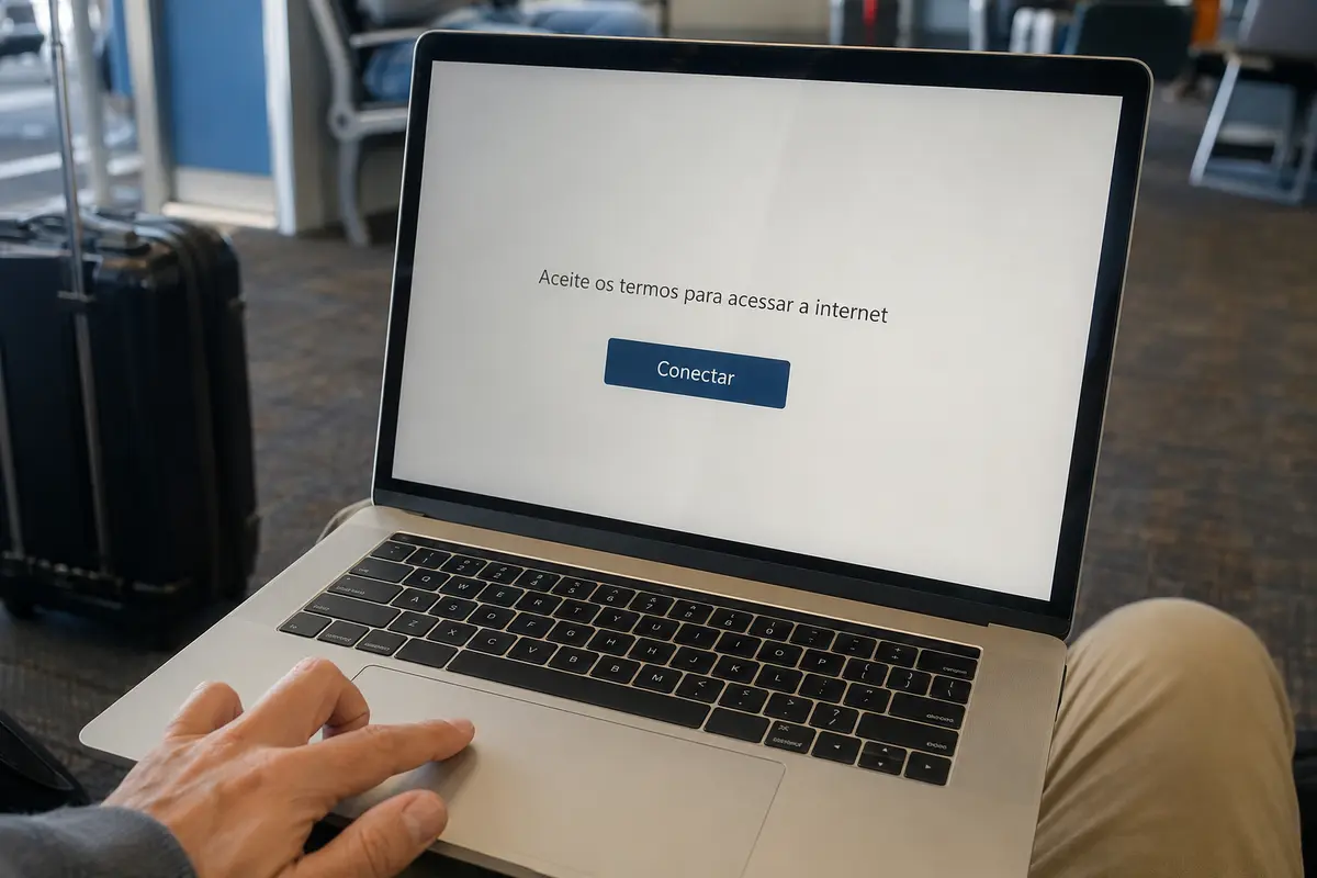Imagem editorial relacionada a VPN no Wi-Fi do aeroporto com portal de acesso: entre primeiro na rede, proteja depois